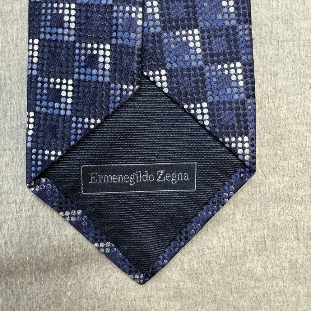 Ermenegildo Zegna Tie Mens Necktie Blue Geometric Squares Silk‎ Italy Made 58x4